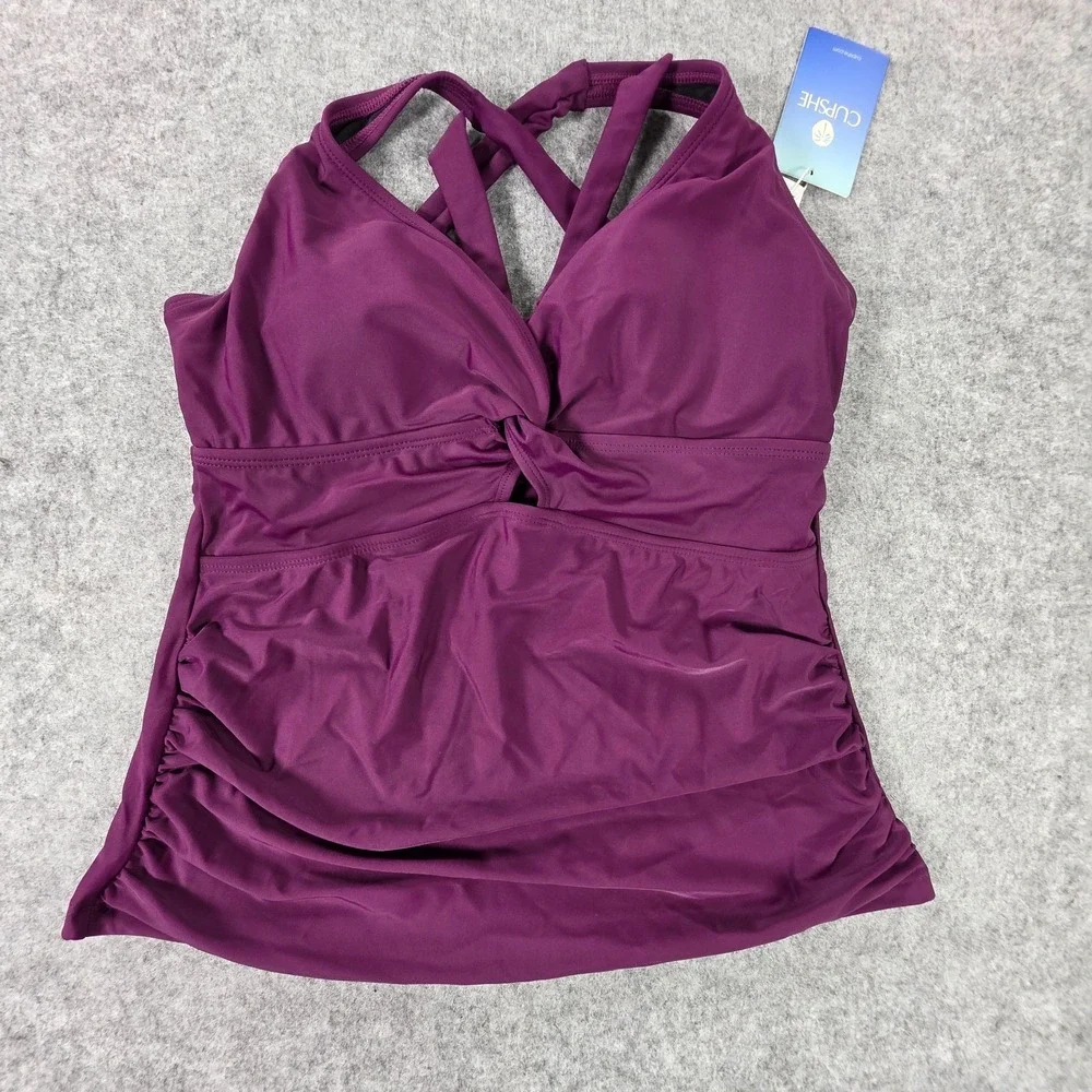 NWT Cupshe Cutout V-Neck Tankini Top Floral Plum Mid-Rise Bottoms Set Med